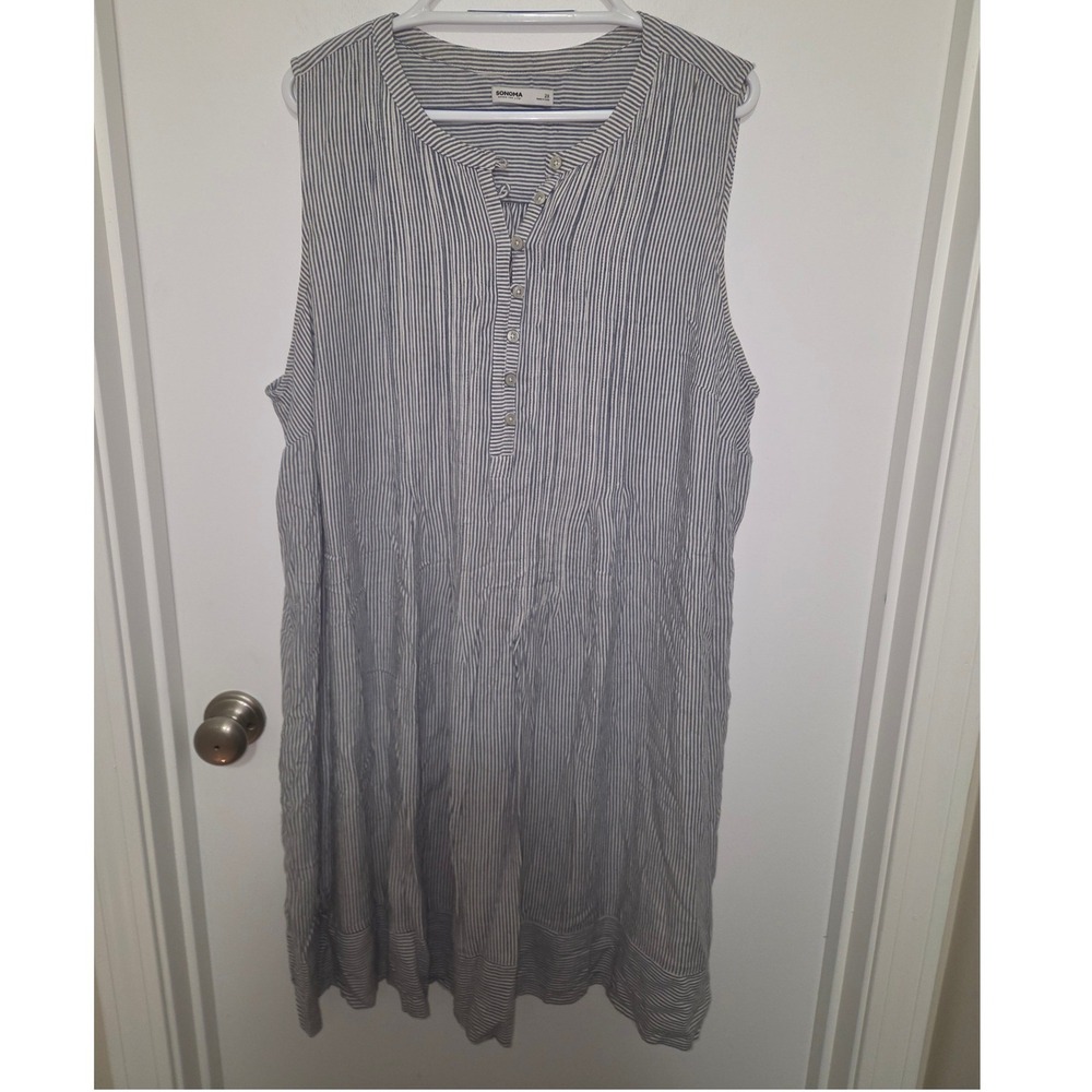 Sonoma Goods for Life Blue White Striped Linen Blend Henley Midi Dress 2X